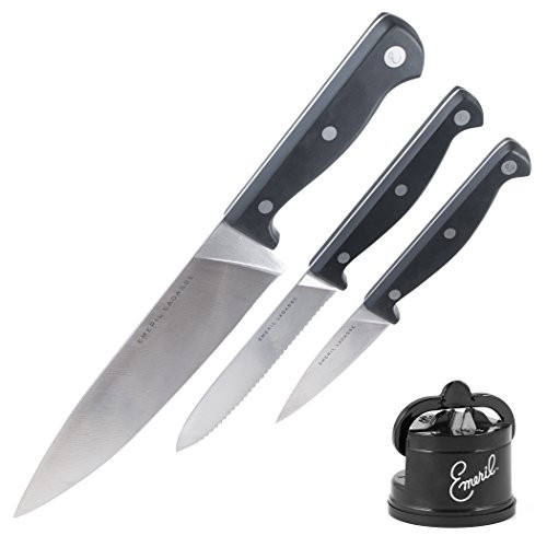 Emeril Lagasse Stainless Steel 3-Piece Culinary Kitchen Knife Set with Countertop Sharpener - 8 Chef Knife, 5 Serrated Utility Knife, 3.5 Paring Knife - Professional Cutlery for Fruits & Meats Emeril Lagasse Stainless Steel 3-Piece Culinary Kitchen Knife Set with Countertop Sharpener - 8 Chef Knife, 5 Serrated Utility Knife, 3.5 Paring Knife - Professional Cutlery for Fruits & Meats