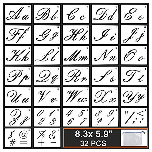 GUVVEAZ Painting Letter Stencils on Wood, 32 PCS Reusable Washable Template with Calligraphy Font Uppercase and Lowercase Alphabet, Numbers and Signs, with Portable Zipper Bags, 8.3"x5.9"