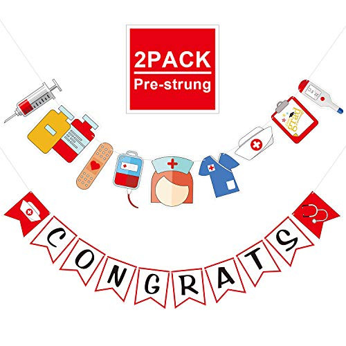 Whaline 2 Pcs Nurse Banner Nurse Garland 2020 Nurse Graduation Party Banner RN Bunting Banner Garland Nursing Grad Party Home School Theme Party Hanging Decoration Supplies