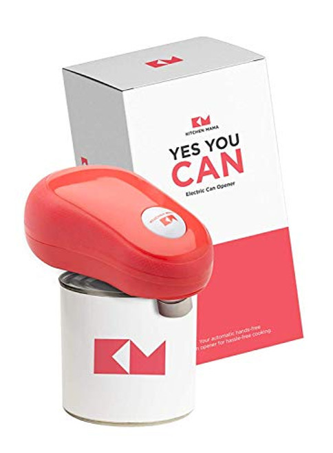 Kitchen Mama One Touch Electric Can Opener: Open Your Cans with A Simple Push of Button and Automatic Shut-off - No Sharp Edge, Food-Safe and Battery Powered Can Opener (Red) (Renewed)