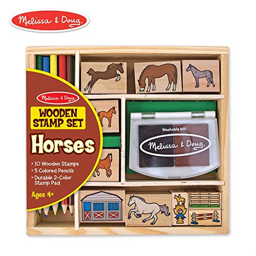 Melissa & Doug Wooden Stamp Activity Set: Horse Stable - 10 Stamps, 5 Colored Pencils, 2-Color Stamp Pad (Renewed)