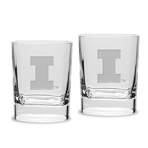 University Glass NCAA Illinois Illini Adult Set of 2 - 14 oz Square Double Old Fashion Glasses Deep Etched Engraved, One Size, Clear