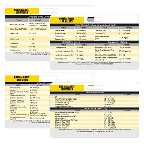 Lab Values Horizontal Plastic Badge Cards - Set of 2 Cards Used as Clinical Reference for Nurses (RN) - Great Nursing School Supplies and Accessories - Common lab Values, CBC, BMP, LFT, and More!