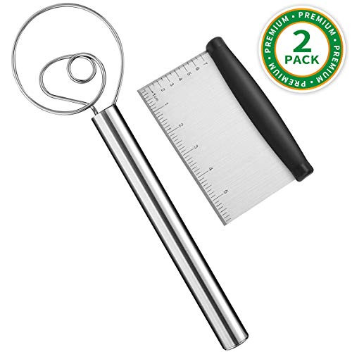 Tobepico Danish Dough Whisk Bread Mixer Set, 12 inch Premium Stainless Steel one-piece system Dutch Dough Whisk With a Dough Bench Scraper for Bread, Pastry or Pizza Dough - Perfect Baking