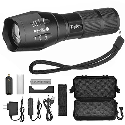 TopBest LED Tactical Flashlight, Portable Ultra Flashlight Adjustable Focus and 5 Light Modes,1200 Lumen Outdoor Water Resistant Handheld Torch and Rechargeable 18650 Lithium Ion Battery and Charger