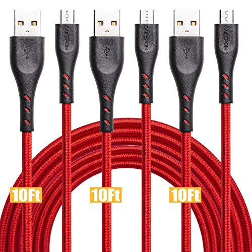 Micro USB Cable 10ft, 3 Pack Android Charger Cable Long Micro USB to USB 2.0 Nylon Braided Fast Sync & Charging Cord for Samsung Galaxy S7 Edge/S7/S6 Edge/S6, Note 5/4/2, HTC, LG G4, BlackBerry, Sony