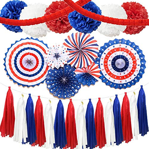 InBy 28PCS Red Navy Blue White Carnival Birthday Bridal Baby Shower Wedding Bachelorette Decoration Kit - 12" 10" Tissue Paper Pom Pom, 16" 12" 8" Paper Fan, Paper Tassel, Clover Garland