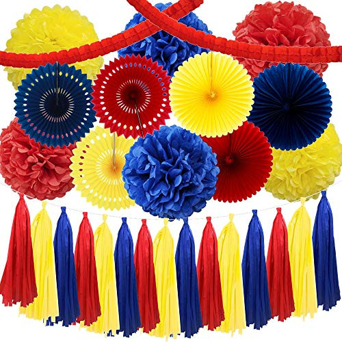 InBy Carnival 28PCS Red Navy Blue Yellow Birthday Bridal Baby Shower Wedding Bachelorette Decoration Supply Kit - 12" 10" Tissue Paper Pom Pom, 16" 12" 8" Paper Fan, Paper Tassel, Clover Garland
