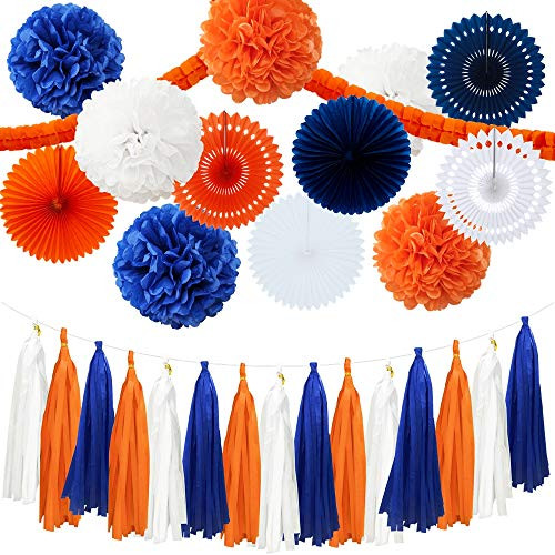 28PCS Navy Blue Orange White Birthday Bridal Baby Shower Wedding Bachelorette Decoration Supply Kit - 12" 10" Tissue Paper Pom Pom, Paper Fan, Tassel Garland, Clover Garland 