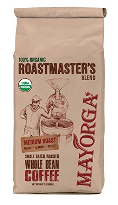 Mayorga Organics Roastmasters Blend, Medium Roast Whole Bean Coffee, 2lbs Bag, Specialty-Grade, 100% USDA Organic, Non-GMO Verified, Direct Trade, Kosher