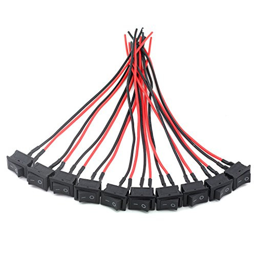 Longdex 10-Pack KCD1 Black Push Button Switch with Wires Small Appliances Power Switch 2Pin 2 Position ON/Off Rocker Switch 21x15mm