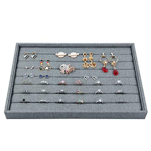 Actume Stackable Jewelry Trays, Gray Sackcloth Display Tray Organizer for Rings Earrings Bracelets Necklaces, Elegant Ring Tray Storage Display for Drawer (7 slots)