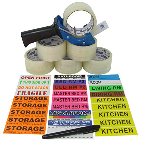 Tag-A-Room Color Coded Moving Labels (525 Count), Packing Tape (6 Rolls), Tape-Gun, Door ID's, and Marker, Pack N Move Bundle Moving Supplies