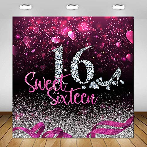 COMOPHOTO 6x6ft Pink Sweet 16 Backdrop for Girls Birthday Party Decorations High Heel Diamond Princess Girl's 16th Birthday Party Sweet Sixteen Photography Background Photo Booth Supplies
