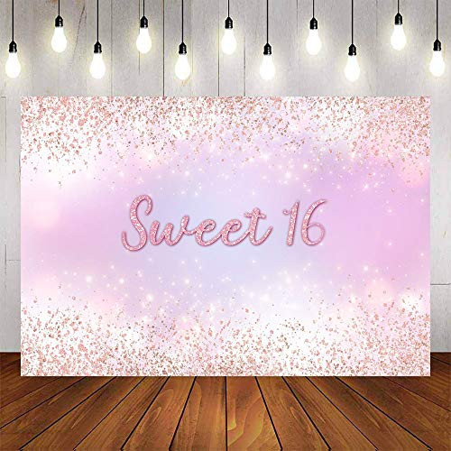 Avezano Sweet 16 Backdrop Rose Gold Pink 16th Birthday Party Decoration Supplies 7x5ft Girls Princess Sixteen Birthday Glitter Shiny Background
