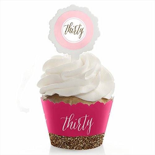 Chic 30th Birthday - Pink and Gold - Birthday Cupcake Wrapper and Pick - Cupcake Decorating Kit - Set of 24
