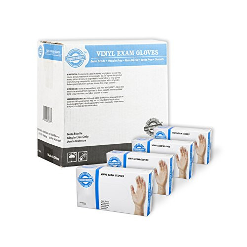 SupplyMaster Vinyl Exam Disposable Gloves - 4 Mil, Powder Free, Non-Sterile, Latex Free, Smooth, Ambidextrous, Large, Case of 400