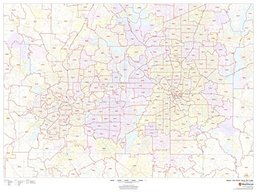 Dallas - Fort Worth, Texas Zip Codes - 48" x 36" Matte Plastic Wall Map