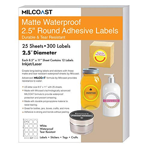 Milcoast Matte Waterproof Tear Resistant White Blank Adhesive 2.5" Round Circle Shaped Labels - for Laser/Inkjet Printers - 300 Labels (25 Sheets)