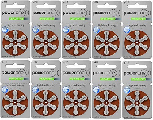 Power One Size 312 Hearing Aid Battery No Mercury, 60 Batteries