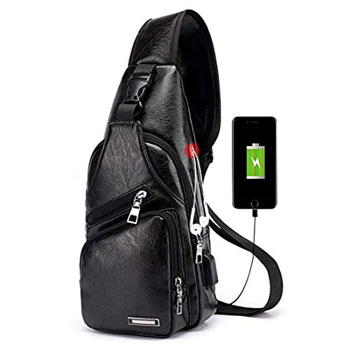 Seoky Rop Men's Leather Sling Bag Chest Crossbody Shoulder Bag with USB Charging Port Black