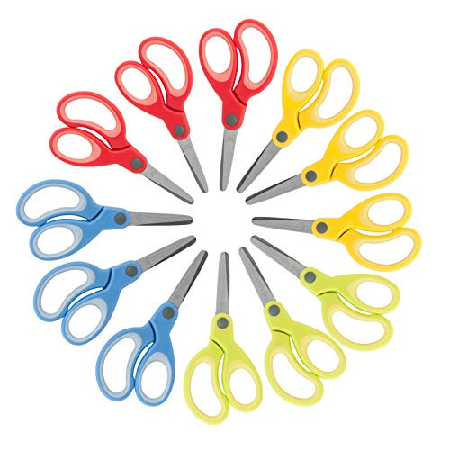 Kids Scissors 5" - 12 Pack - School Pack of Scissors for Kids Age 3 and up, Assorted Colors (Blunt Tip)
