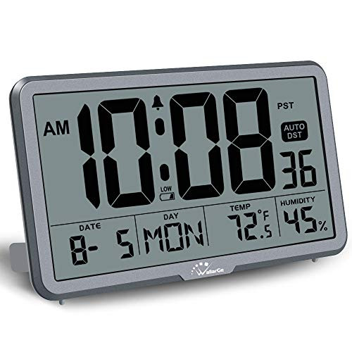 WallarGe Digital Wall Clock, Autoset Desk Clocks with Temperature, Humidity and Date, Battery Operated Digital Wall Clock Large Display, 8 Time Zone, Auto DST. (Grey)