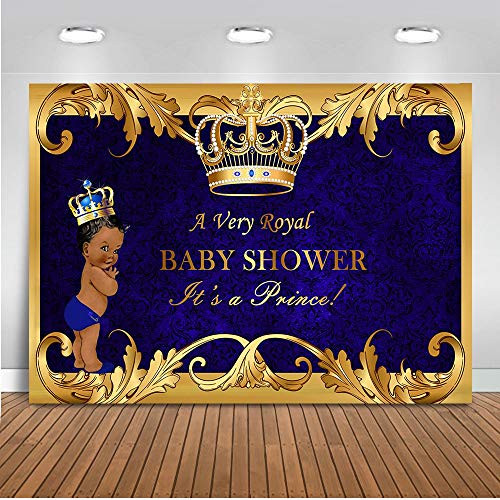 Mehofoto Royal Prince Baby Shower Backdrop Black Boy Gold Crown Photography Background 7x5ft Vinyl Little Prince Royal Blue Backdrops for Baby Shower Party
