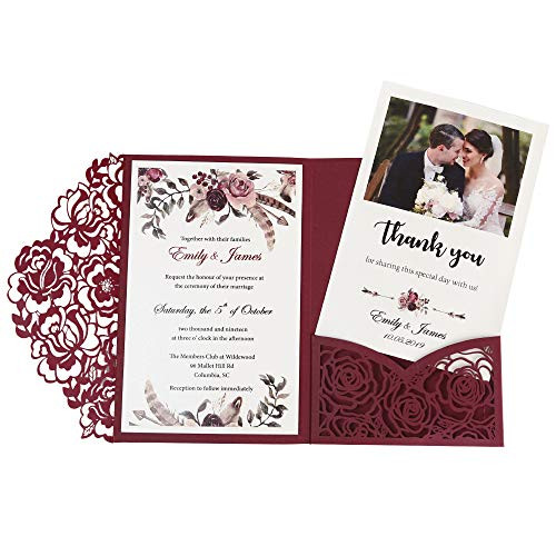 DORISHOME 4.7x7 Inch 50PCS Blank Burgundy Wedding Invitations Kits Laser Cut Hollow Rose Pocket Wedding Invitations with Envelopes For Wedding Bridal Shower Engagement Invite