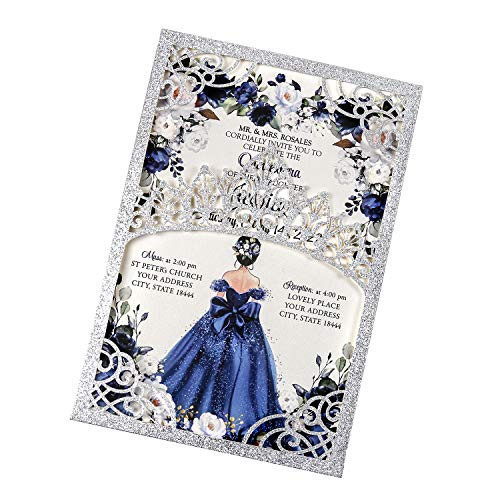 DreamBuilt 5x7.2 inch 25PCS Blank Silver Glitter Quinceanera Invitations Kit Laser Cut Hollow Crown Pocket Quinceanera Invitation Cards with Envelopes for Bridal Shower Quincenera Birthday Invite