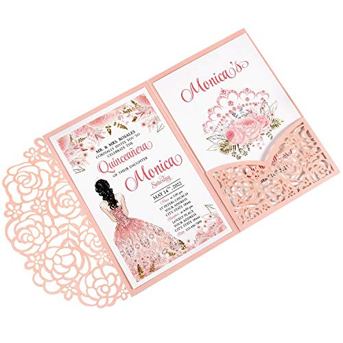 DreamBuilt 4.7 x7 inch 25PCS Blank Pink Quinceanera Invitations Kit Laser Cut Hollow Rose Pocket Quinceanera Invitation Cards with Envelopes for Bridal Shower Quincenera Birthday Invite