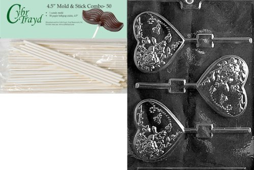 Cybrtrayd 45St50-V102 Heart Lolly with Flowers Valentine Chocolate Candy Mold with 50 4.5-Inch Lollipop Sticks