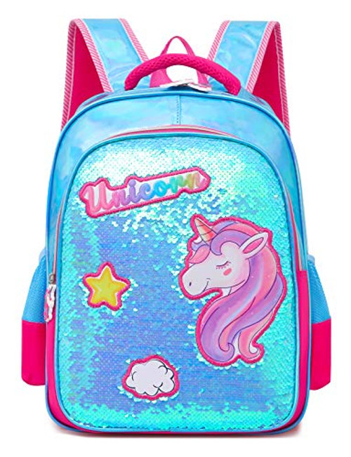 Debbieicy Cute Sequin Unicorn Princess Backpack Kids School Bookbag for Preschool, Kindergarten, Elementary Girls (Light Blue)