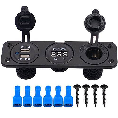 BREADEEP Dual USB Charger Power Outlet Cigarette Lighter Socket DC 12V Digital Voltmeter with Panel Terminal for Car Motocycle Boat RV ATV