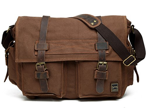 Men Vintage Military Canvas Messenger Crossbody Bag Coffee For 17.3" Laptop