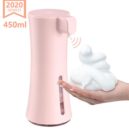 CarrieCathy Automatic Soap Dispenser 450ml/15.2oz Liquid Touchless Infrared Motion Sensor Countertop Hand Free Auto Smart Foaming Soap Dispenser for Bathroom Kitchen Office, Battery Operated, Pink
