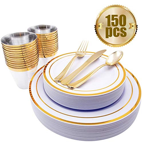 150 Elegant Gold Dinnerware Set with Plastic Cutlery - Disposable Plastic Plates with Plastic Silverware set includes 25 Dinner Plates, 25 Dessert Plates, 25 Spoons, 25 Forks, 25 Knives and 25 Cups