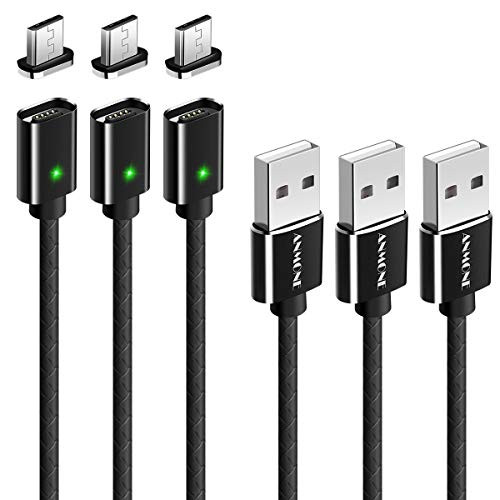 Micro USB Cable, ANMONE 3 Pack Magnetic Micro USB Charging Cable 3.3FT USB 2.0 Fast Charge Cable with LED Indicator USB Data Transfer Phone Cable for compatible Samsung, Kindle HTC, Nokia,Sony (Black)