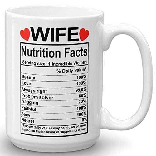 Valentines Day Gifts for Wife from Husband - Wife Nutrition Facts Mug - Best Wife Gift Ever - Funny Gag Prank Ceramic Coffee Mug - Anniversary Wedding Gifts for Wife Her Women - 15 Fl. Oz White