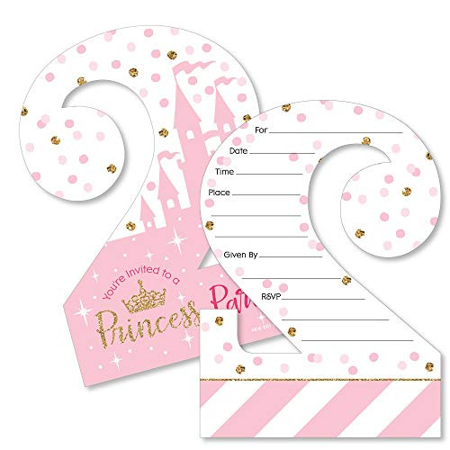 2nd Birthday Little Princess Crown - Shaped Fill-in Invitations - Pink and Gold Princess Second Birthday Party Invitation Cards with Envelopes - Set of 12