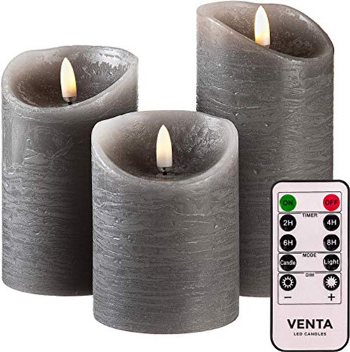 Set of 3 Realistic Flameless Grey LED Candles with Remote Control - 4'' 5'' 6'' Electric Wickless Pillar Battery Operated Candles with Flickering Flame Timer