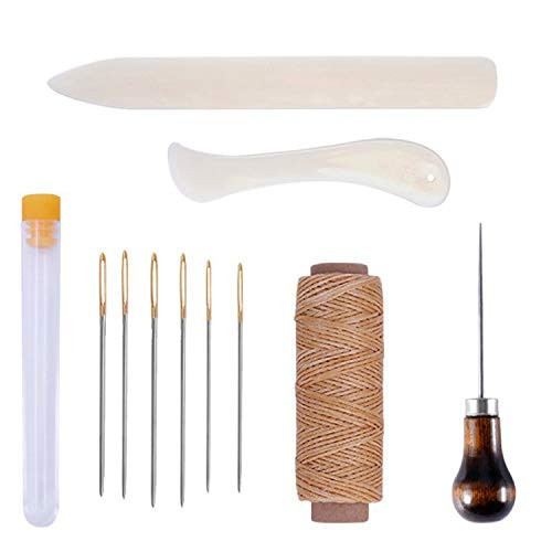 Goiio 11 Pieces Bookbinding Kit Starter Tools Set Bone Folder Paper Creaser, Waxed Thread, Awl, Large-Eye Needles for DIY Bookbinding Crafts and Sewing Supplies