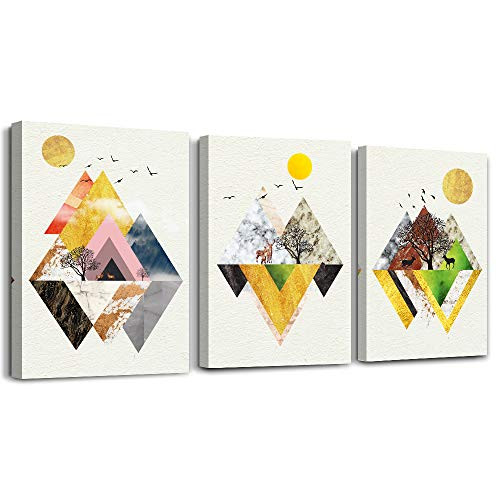 golden Abstract Mountain Canvas Prints,Wall Art Paintings Abstract Geometry Wall Artworks Pictures for Living Room Bedroom Decoration,bathroom Wall decor posters, 12x16 inch/piece 3 Panels Home art