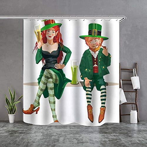 Maxwelly St Patricks Shower Curtain Leprechauns Shower Curtain with Hooks for Bathroom Decoration - Waterproof - Green - 72-Inch by 72-Inch