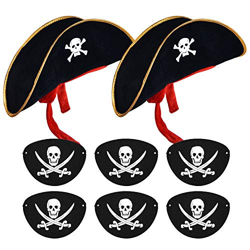 SAYAYA 2 Pieces Pirate Hat with Eye Patch Classic Skull Print Pirate Captain Costume Cap for Halloween Masquerade Party Cosplay Hat Prop Black, Large