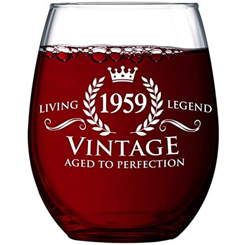 Vintage 1959 Stemless Wine Glass 60th Birthday Gifts for Women and Men | 60 Year Old Funny Gift Ideas | Party Decorations for Him, Her, Husband, Wife, Mom, Dad, Grandma, Grandpa, Boss, Aunt & Uncle