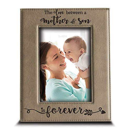 BELLA BUSTA- The Love Between a Mother and Son is Forever from Daughter- Mom Gifts Engraved Leather Picture Frame (5" x 7" Vertical (Mother & Son))