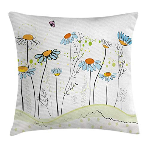 Ambesonne Floral Throw Pillow Cushion Cover, Gardening Theme Daisy Flowers in Spring Illustration Romantic Design, Decorative Square Accent Pillow Case, 16 X 16 Inches, Light Yellow Light Blue