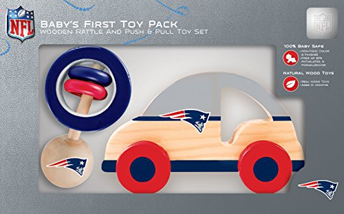 MasterPieces NFL New England Patriots Natural Wood, Non-Toxic, BPA, Phthalates, & Formaldehyde Free, Push - Pull Toy & Baby Rattle Combo Set, 2 Pieces