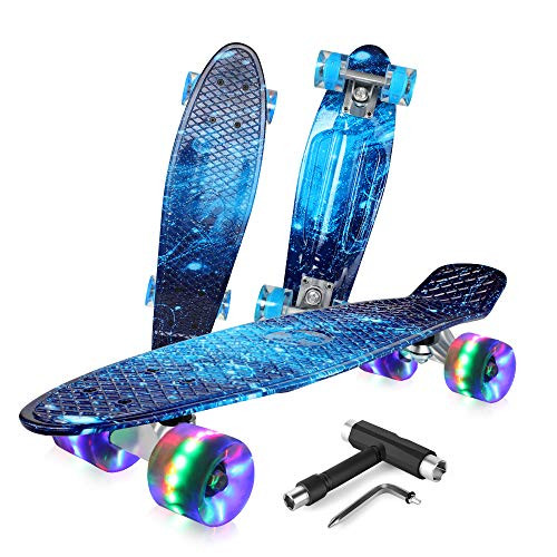 BELEEV Skateboard 22 inch Complete Mini Cruiser Retro Skateboard for Kids Teens Adults, LED Light up Wheels with All-in-One Skate T-Tool for Beginners (Galaxy Blue)